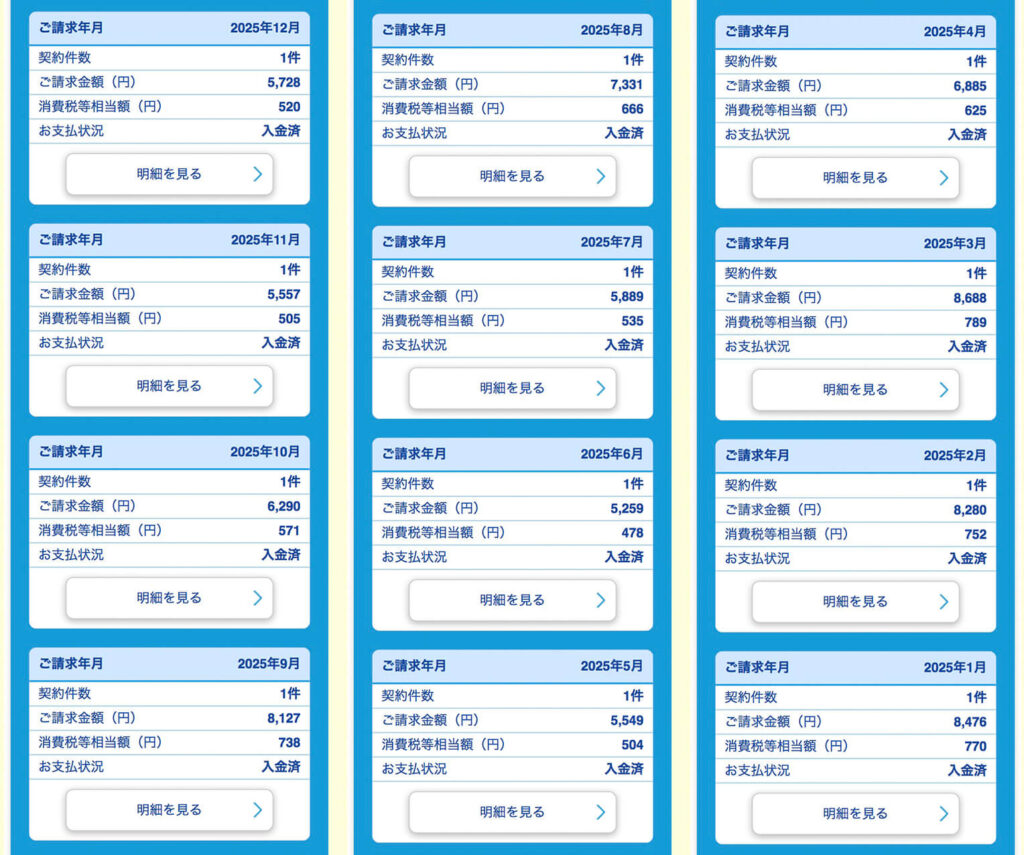我が家（2人暮らし）の2025年の電気代明細一覧。月平均6,838円の実績データ