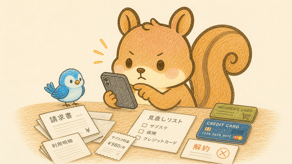 スマホを操作して家計の無駄を省くイラスト