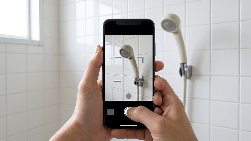  自宅のシャワーヘッドをスマホで撮影している様子