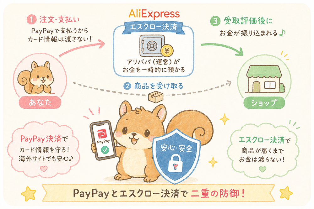 安全にスマホ決済を行うリスのイラスト