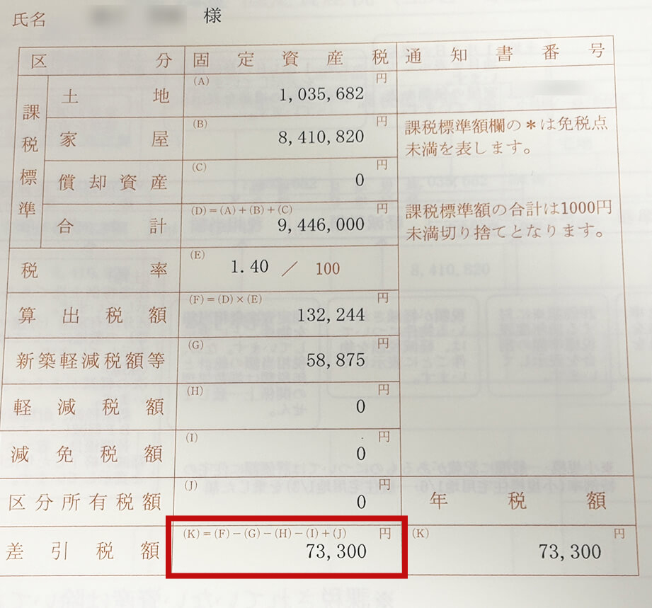実際の固定資産税の納税通知書（年額73,300円）