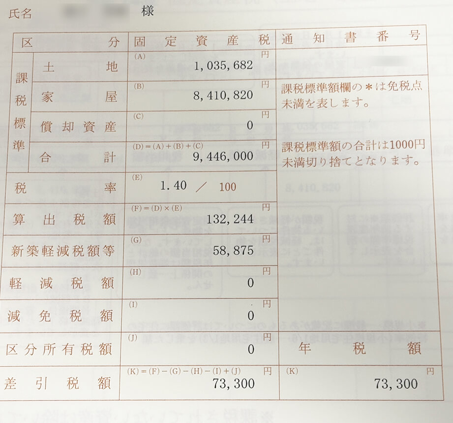 建売住宅の固定資産税・課税明細書（端数切り捨て処理がわかる証拠画像）