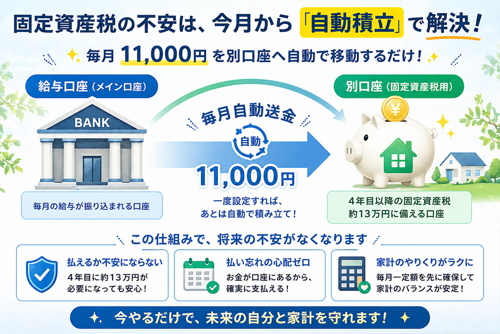 固定資産税の支払いに備えた毎月11,000円の別口座での自動積立の仕組み