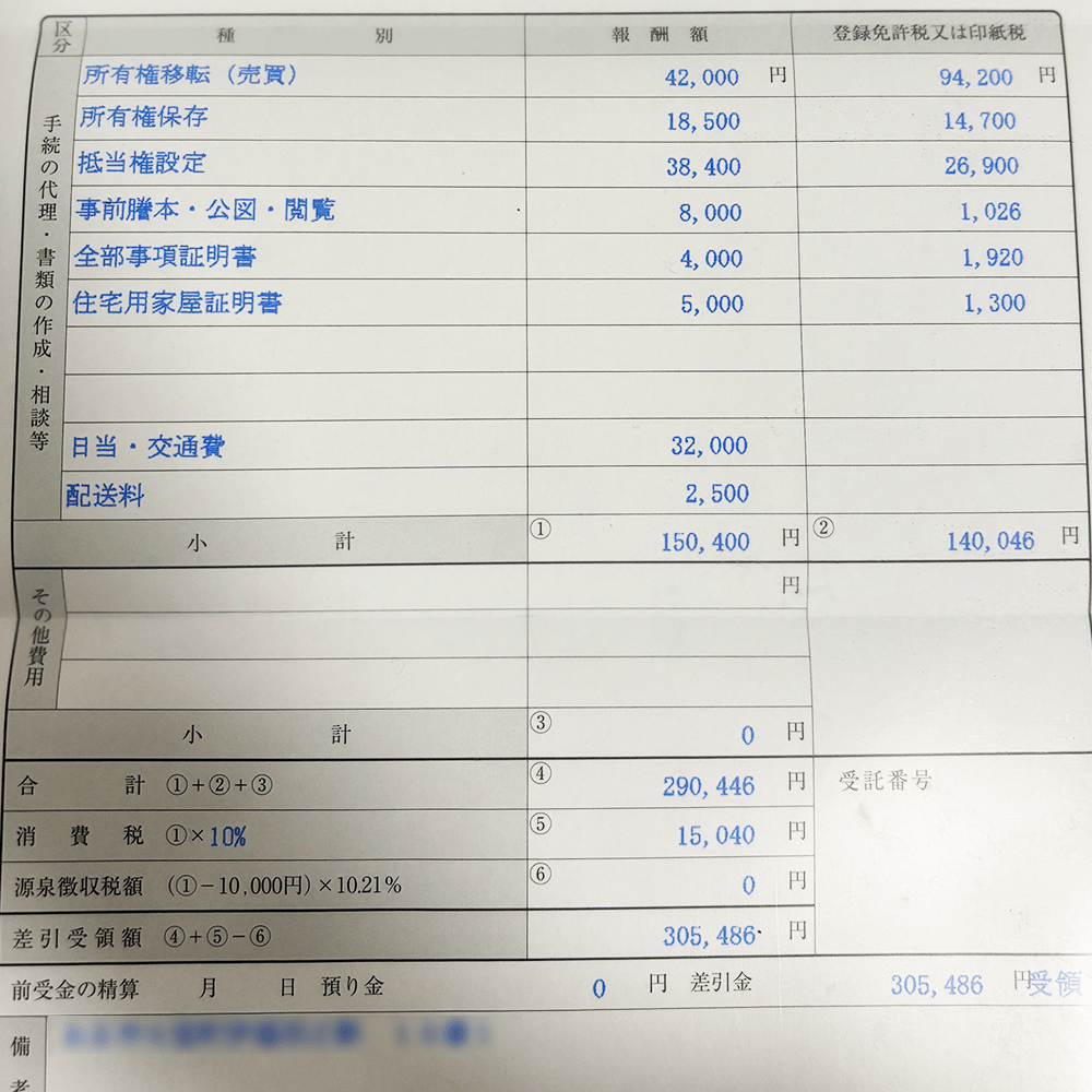 登記にかかった諸費用の領収書