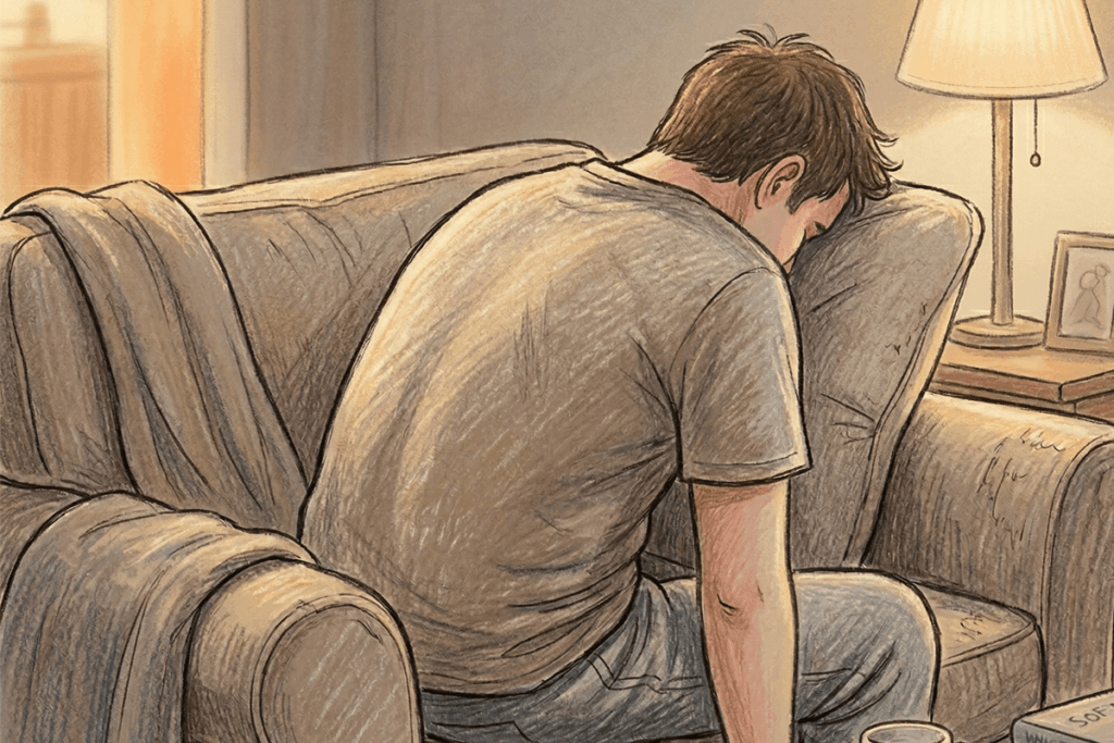 週末婚の二重生活で限界を迎えソファで横たわる夫の後ろ姿